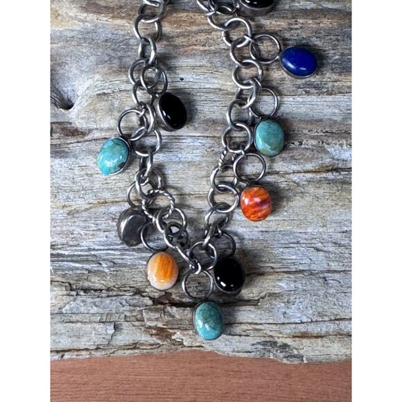 Sterling Silver Multi-Stone Dangling Charm Bracelet 7.5" With Toggle Clasp - Picture 2 of 6